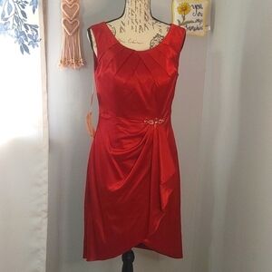 NWT Symphony By Venus Dress Size 10 Red Satin, Waist Detail High Low Hem